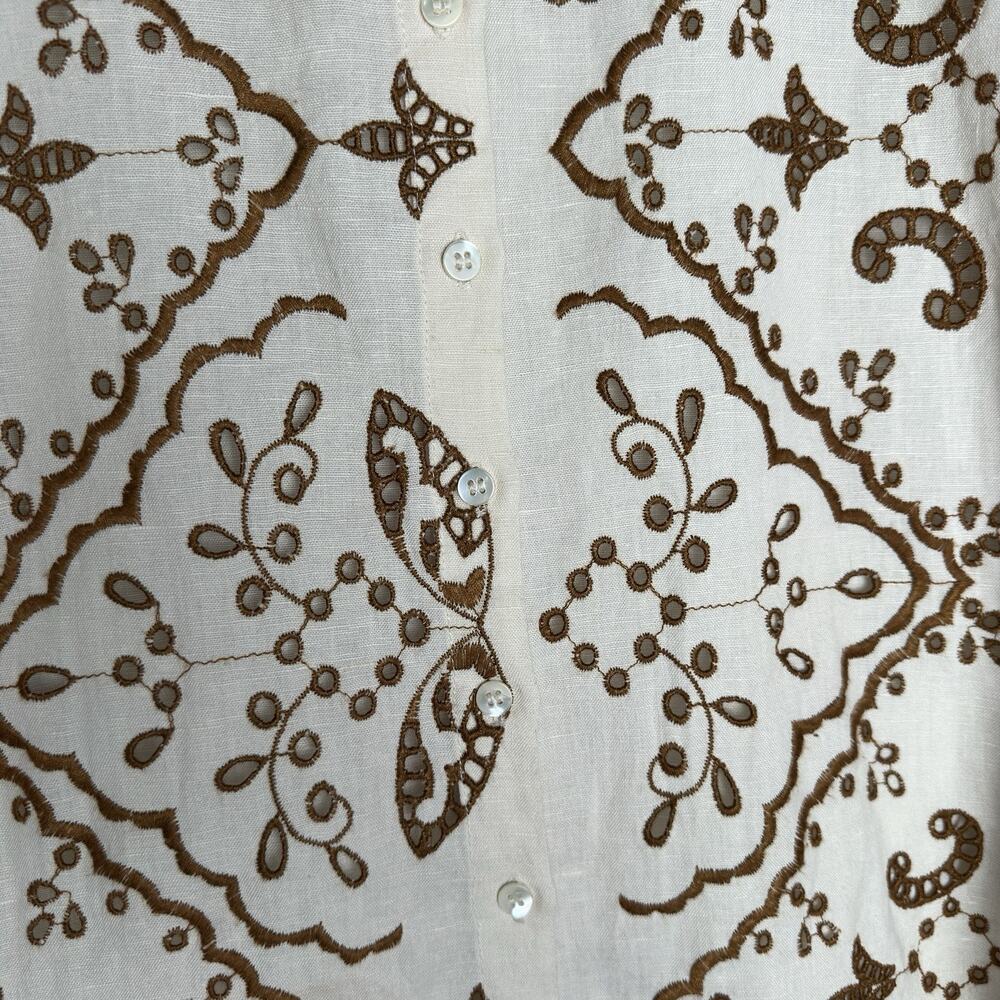 Sezane Waverly Blouse NWT Beige Brown Embroidered Linen Cotton Lace Trim 36 US 4 - Picture 8 of 16